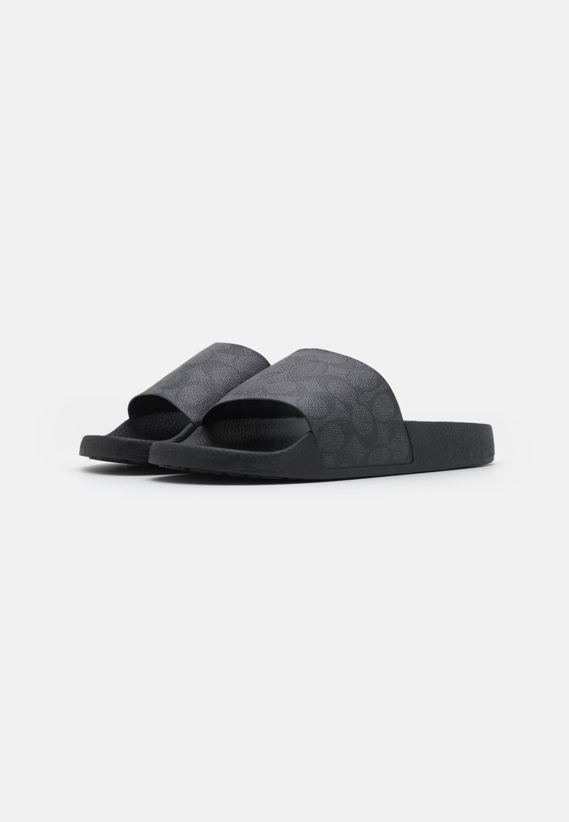 Black slides with a textured upper and smooth sole, featuring an open toe design and a subtle patterned detail on the straps.