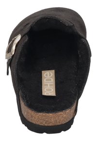 Black suede clog with a cork sole, featuring a silver buckle on the left side and a textured black insole. Label visible inside.