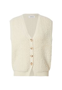 Egalfarbenes, ärmelloses Button-up-Westenoberteil in Cremefarbe mit strukturiertem, flauschigem Stoff sowie einem gerippten V-Ausschnitt und Saum.