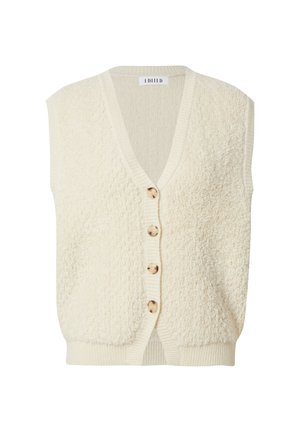 Egalfarbenes, ärmelloses Button-up-Westenoberteil in Cremefarbe mit strukturiertem, flauschigem Stoff sowie einem gerippten V-Ausschnitt und Saum.