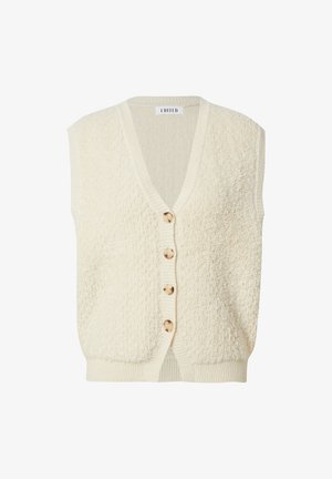 Egalfarbenes, ärmelloses Button-up-Westenoberteil in Cremefarbe mit strukturiertem, flauschigem Stoff sowie einem gerippten V-Ausschnitt und Saum.