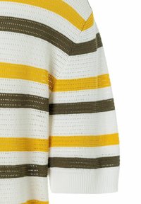 Strickpullover mit horizontalen Streifen in Gelb, Weiß und Olivgrün. Besteht aus einem strukturierten, offen gewebten Design mit einem gerippten Saum.