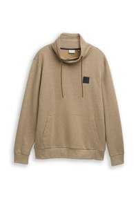 Beige hoodie met hoge hals, verstelbare koordjes, voorzak en een klein zwart merkembleem op de borst.