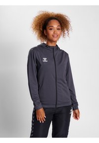 Felpa grigia con zip e cappuccio, caratterizzata da un logo sul petto, maniche lunghe e tessuto testurizzato. Indossata con pantaloni neri e una vestibilità comoda.