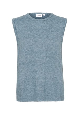 Maglione senza maniche azzurro chiaro in morbido tessuto a maglia. Presenta un collo rotondo e un orlo a coste. Design minimalista senza motivi o decorazioni.