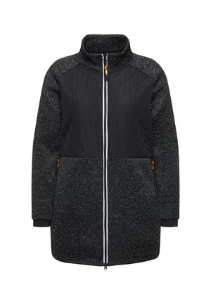 Lange schwarze Jacke mit Reißverschluss, strukturiertem grauen Körper und glatten schwarzen Schultern. Mit weißem Reißverschluss und orangefarbenem Akzent an der Tasche.