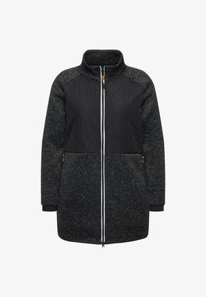 Lange schwarze Jacke mit Reißverschluss, strukturiertem grauen Körper und glatten schwarzen Schultern. Mit weißem Reißverschluss und orangefarbenem Akzent an der Tasche.