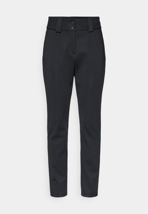 Crne hlače s krojem po mjeri, od glatkog, rastezljivog materijala, s kopčanjem na dvije tipke i suptilnim šavnim detaljima duž nogu.