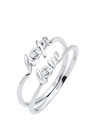 Sterling Silberring mit den Worten "Hoffnung" und "Liebe", verziert mit zwei klaren Edelsteinen, glatte Oberfläche und elegantes, geschwungenes Design.