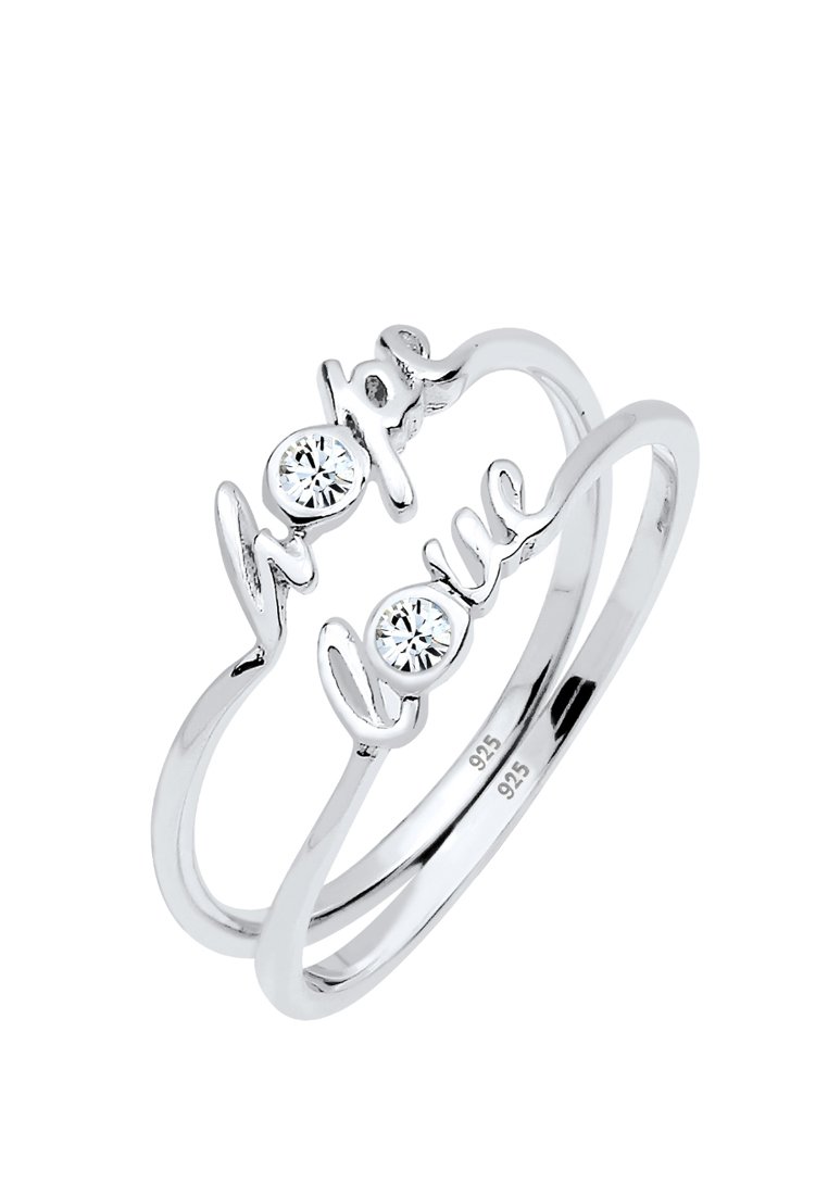 Sterling Silberring mit den Worten "Hoffnung" und "Liebe", verziert mit zwei klaren Edelsteinen, glatte Oberfläche und elegantes, geschwungenes Design.