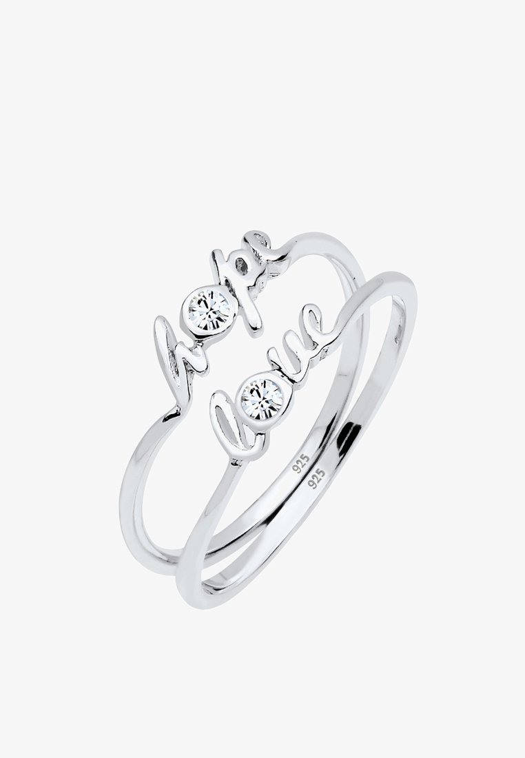 Sterling Silberring mit den Worten "Hoffnung" und "Liebe", verziert mit zwei klaren Edelsteinen, glatte Oberfläche und elegantes, geschwungenes Design.
