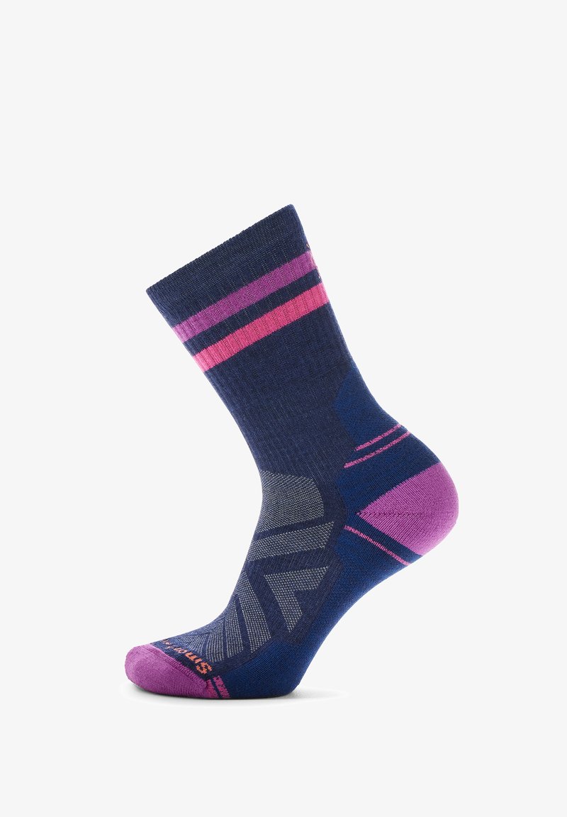 Navy blue sock with pink and purple stripes, patterned heel and toe, ribbed cuff, and reinforced textured sections for support.