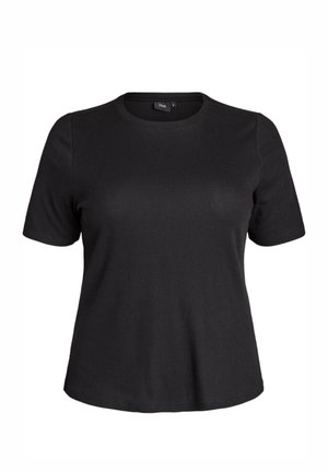 Zwart ribgebreid T-shirt met korte mouwen, ronde hals en licht uitlopende zoom, weergegeven tegen een effen witte achtergrond.