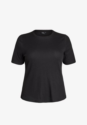 Zwart ribgebreid T-shirt met korte mouwen, ronde hals en licht uitlopende zoom, weergegeven tegen een effen witte achtergrond.