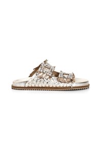 Woven metallic slide sandal in shades of gold and beige, featuring two oversized buckles adorned with clear rhinestones. Textured sole.