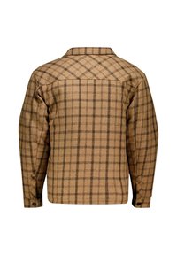 Bruine geruite jas met lange mouwen, knoopmanchetten en een klassieke kraag. Gemaakt van gestructureerde stof, met donkere bruine ruitpatronen.