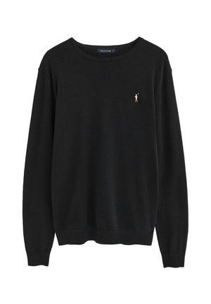 Maglione nero girocollo con maniche lunghe e piccolo logo beige del giocatore di polo sul petto a sinistra, polsini e orlo a costine, etichetta all'interno del colletto.