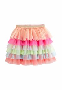 Jupon en tulle multicolore avec des couches en rose, pêche, vert et bleu. Taille élastique avec une bordure dorée. Texture douce et transparente.