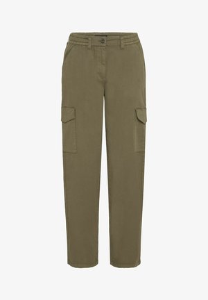 Pantalons cargo vert olive avec une taille élastique, comprenant deux poches latérales et deux poches cargo. Fabriqués en un mélange de coton durable.