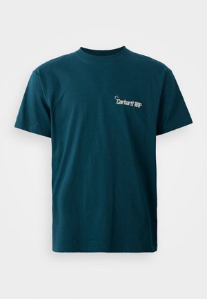Teal cotton t-shirt with short sleeves and a crew neck. Features a graphic print of "Carhartt WIP" on the front in white.