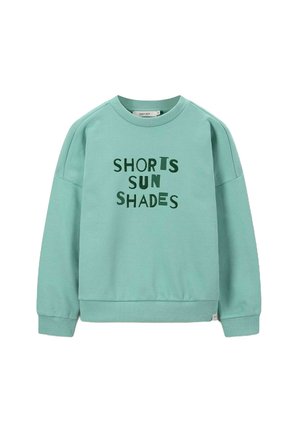 Mintgrüner Sweatshirt mit rundem Ausschnitt, gerippten Bündchen und Saum. Mit auffälligem, schwarzem Drucktext: "SHORTS SUN SHADES" in unterschiedlicher Schriftgröße.