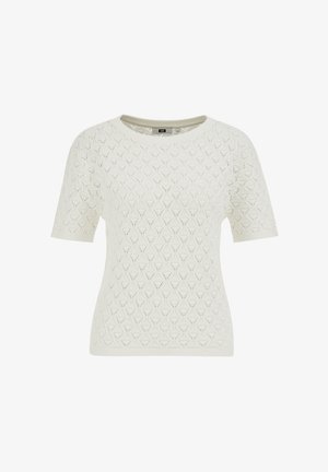 Fehér rövid ujjú kötött felső rombusz alakú, áttört mintával és kerek nyakkivágással.
