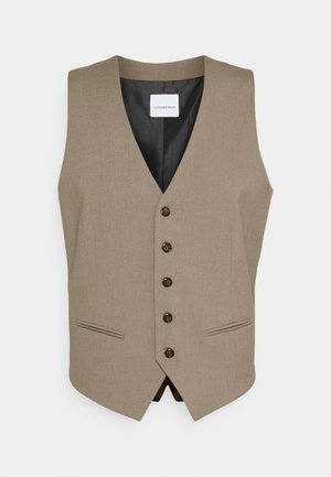Beige stoffen vest met een V-hals, vijf knopen en twee zijzakken. Soepele textuur met een gevoerde binnenkant.