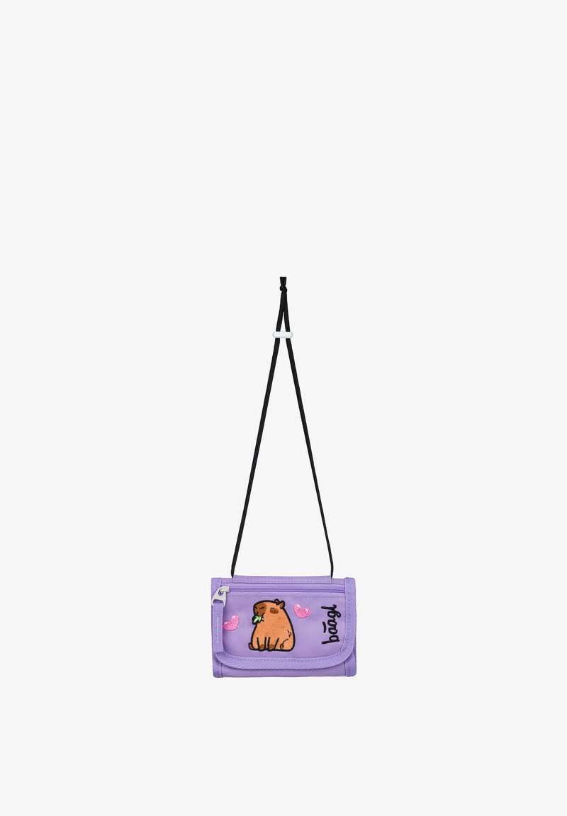 Lilac wallet with black strap, featuring a sitting bear illustration, pink hearts, and "baagl" text, hanging against a white background.