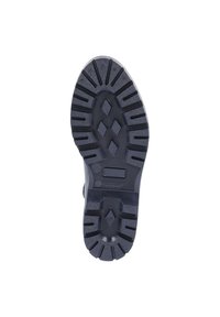 Suela de zapato de goma negra con una trama profunda, que presenta un patrón de diamantes y ranuras horizontales. Textura suave con acentos estriados.