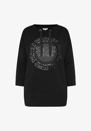 Black sweatshirt with a loose fit, featuring a round neckline, drawstring hood, and decorative silver lettering and studs in a circular pattern.
