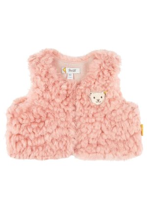 Blød lyserød fluffy babyvest med en lille hvid bamseansigt broderet på brystet og Steiff mærke inde i kraven.