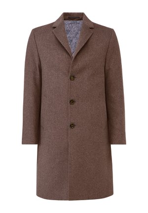 Brown wool coat featuring a notched collar, three brown buttons, and a paisley-patterned inner lining. Long sleeves and straight cut design.