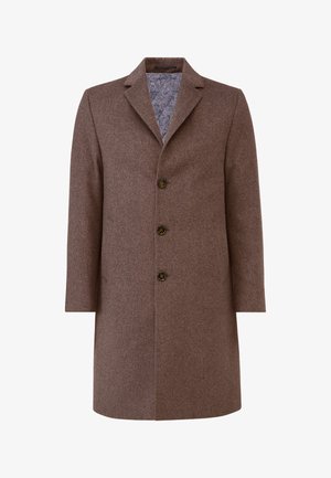 Brun uldfrakke med en indsnit krave, tre brune knapper og en paisley-mønstret inderforing. Lange ærmer og lige snit design.