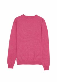 Pull fuchsia à manches longues, col rond et ourlet côtelé. Fabriqué en tissu doux avec une finition texturée et sans fermetures visibles.
