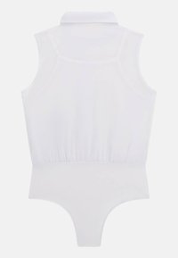Valkoinen hihaton bodysuit, jossa on kauluksellinen kaula-aukko, gathers-vyötärö ja thong-leikkaus. Su smooth, kevyt kangas, jossa on läpikuultava päällyste.