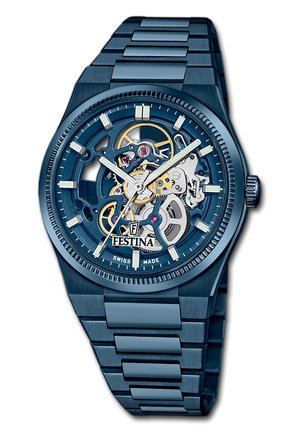 Blue metal skeleton wristwatch with visible gears, white hour markers and hands, and Festina logo at the bottom center.