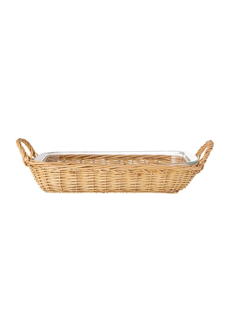 Rektangulär vävd korg med två flätade handtag, tillverkad av ljust rattan. Har en klar glasskål för enkel rengöring.