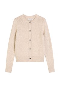 Beige gebreide cardigan met lange mouwen, ronde hals, ribgebreide manchetten en zoom, en vijf zwarte knopen aan de voorkant.