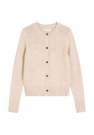 Beige gestrickte Strickjacke mit langen Ärmeln, Rundhalsausschnitt, gerippten Bündchen und Saum sowie fünf schwarzen Knöpfen auf der Vorderseite.