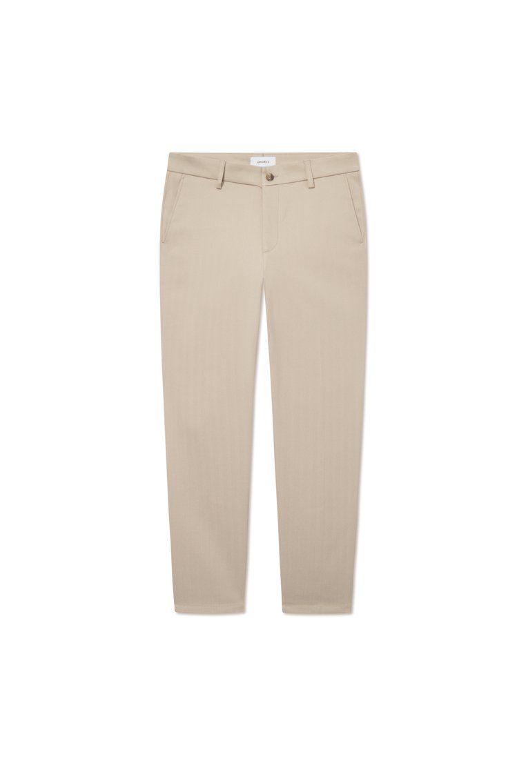 Beige trousers made from soft fabric, slim fit design with a flat front, two side pockets, and a single back pocket.