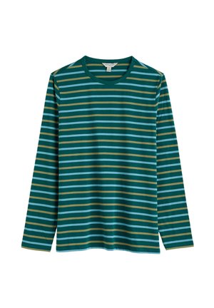 Majica z dolgimi rokavi in okroglim izrezom z vodoravnimi črtami v temno zeleni, svetlo modri in gorčično rumeni barvi na belem ozadju.