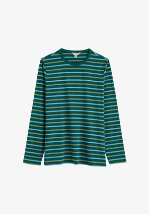 Krekls ar garām piedurknēm un apaļu kaklu ar horizontālām svītrām tumši zaļā, gaiši zilā un sinepju dzeltenā krāsā uz balta fona.