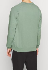 Zelená mikina s kulatým výstřihem a raglanovými rukávy, žebrované manžety a lem; vyrobená z měkké, texturované látky. Nosit s tmavými kalhotami.