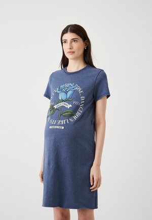 Blue cotton maternity t-shirt dress with short sleeves, featuring a graphic print of a rose and text in a circular layout on the front.