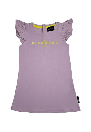 Vestito corto da bambina color lilla con maniche a sbuffo, testo giallo "John Richmond London" sul petto e chiusura a bottoni a pressione sulla scollatura posteriore.