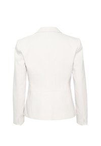Bílý upravený blazer, dlouhé rukávy, strukturovaný design, pohled zezadu, hladká tkanina, jemné švy, klopový límec a ventilační manžety.