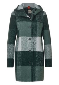 Grön och grå rutig kappa med huva, som har knappstängning, mjuk textur och en kontrasterande fodring.