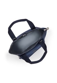 Borsa a spalla blu navy realizzata in materiale leggero, con chiusura a zip, manici in tessuto e un ampio interno grigio con logo.