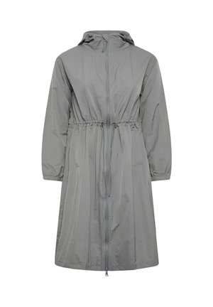 Abrigo impermeable largo gris con capucha, cremallera frontal, puños elásticos, cordón ajustable en la cintura y dos bolsillos laterales.