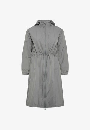 Longue veste de pluie grise à capuche avec fermeture éclair à l'avant, poignets élastiques, cordon de serrage à la taille et deux poches latérales.